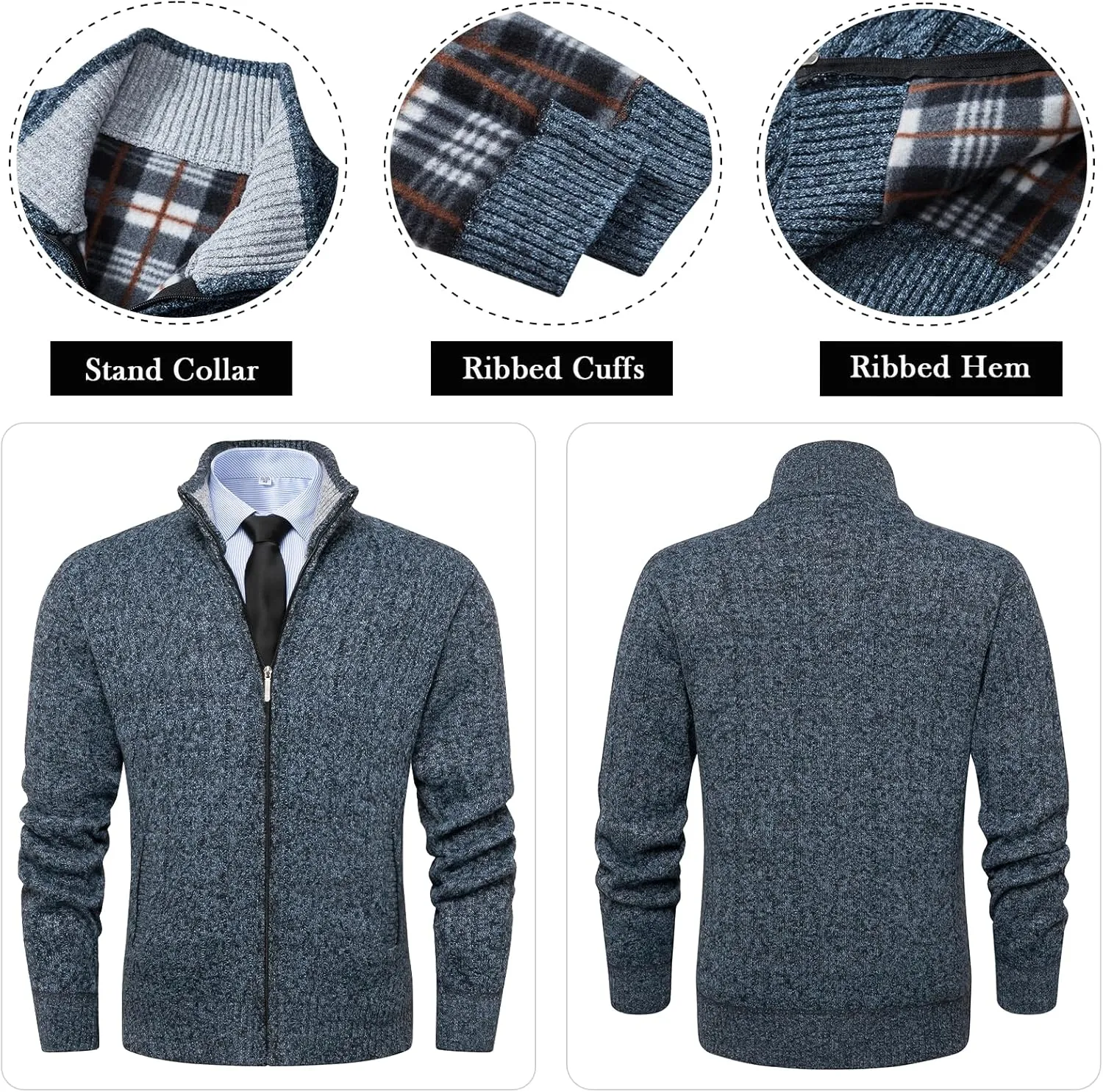 Msmsse Mens Cardigan Sweaters Full Zip Up Stand Collar Casual Knitted Sweater with 2 Front Pockets