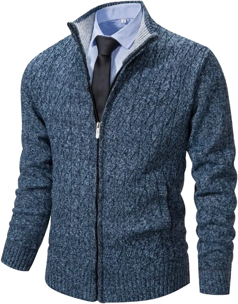 Msmsse Mens Cardigan Sweaters Full Zip Up Stand Collar Casual Knitted Sweater with 2 Front Pockets