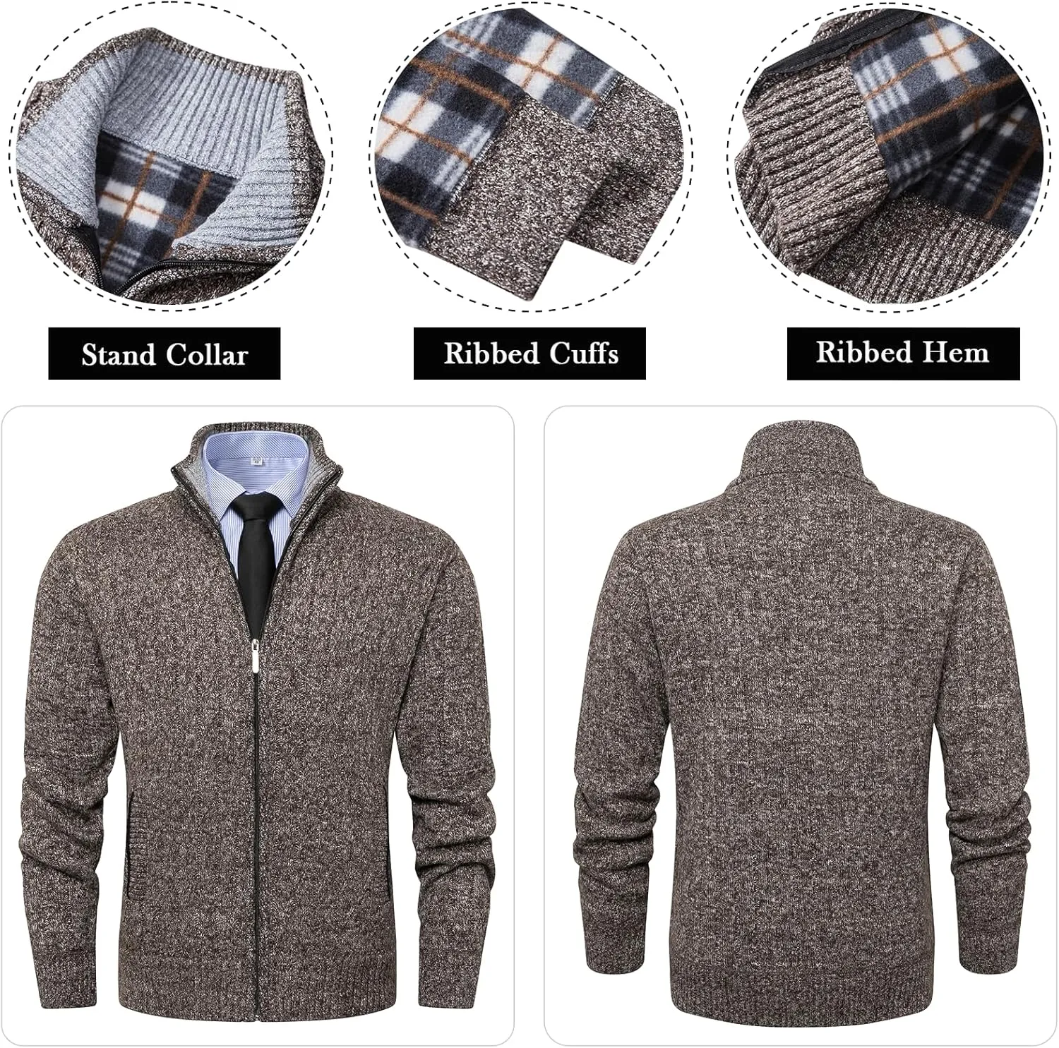 Msmsse Mens Cardigan Sweaters Full Zip Up Stand Collar Casual Knitted Sweater with 2 Front Pockets