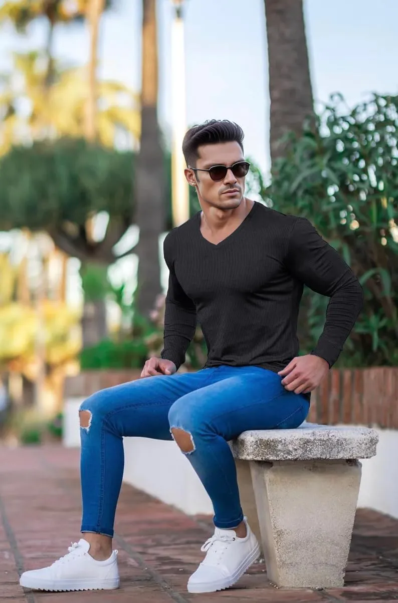 Muscle Cmdr Slim Fit V Neck Long Sleeve Muscle Thermal T Shirt Casual Ribbed Pullover Tee Lightweight Sweater Undershirts