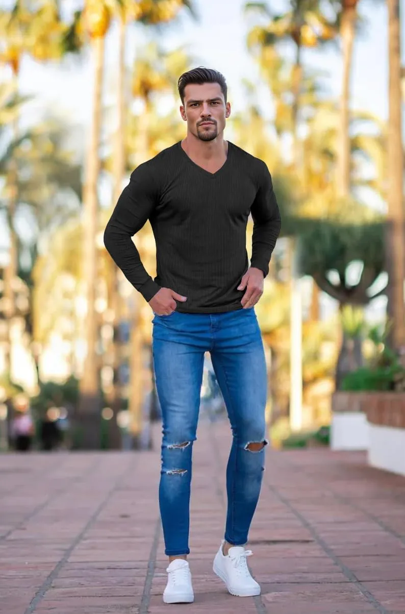 Muscle Cmdr Slim Fit V Neck Long Sleeve Muscle Thermal T Shirt Casual Ribbed Pullover Tee Lightweight Sweater Undershirts