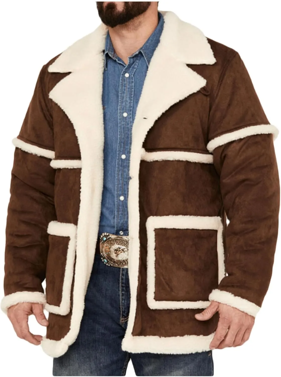 Muscularfit Mens Shearling Leather Coat Vintage Long Sleeve Faux Suede Sherpa Lined Sheepskin Pea Jackets Collar Outwear Coat