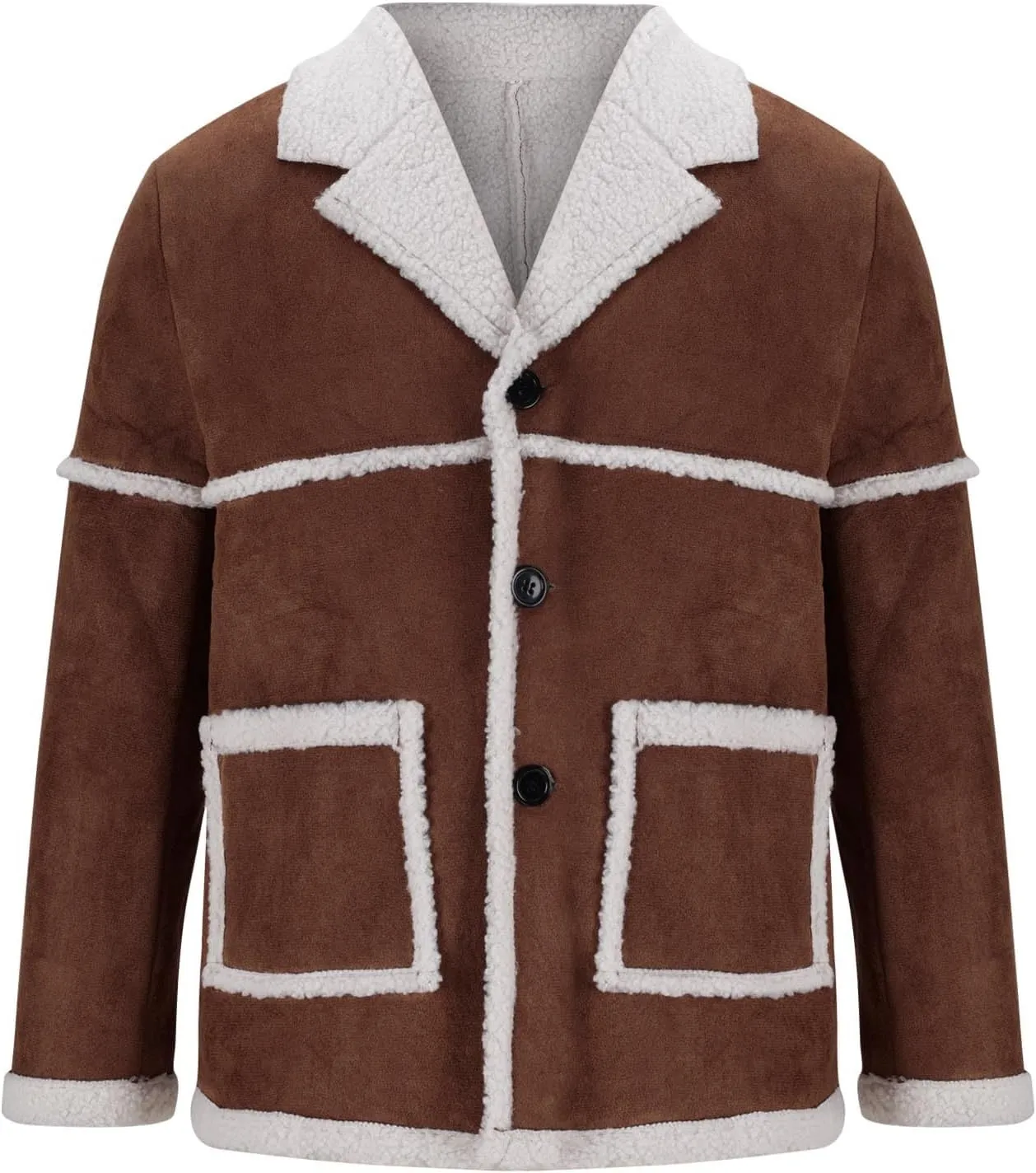 Muscularfit Mens Shearling Leather Coat Vintage Long Sleeve Faux Suede Sherpa Lined Sheepskin Pea Jackets Collar Outwear Coat