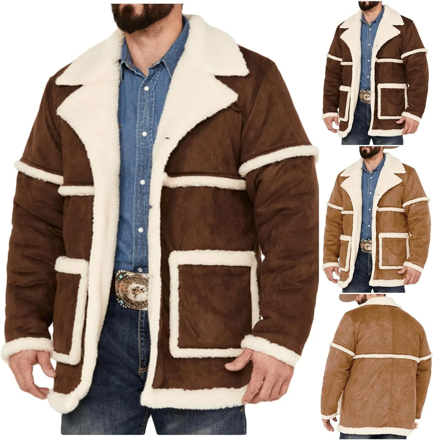 Muscularfit Mens Shearling Leather Coat Vintage Long Sleeve Faux Suede Sherpa Lined Sheepskin Pea Jackets Collar Outwear Coat