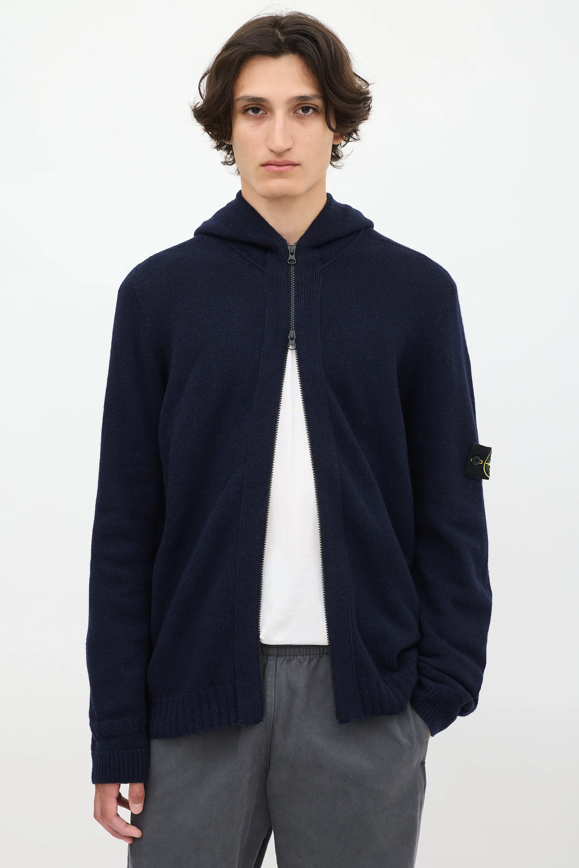 Navy Wool Knit Zip Up Hoodie