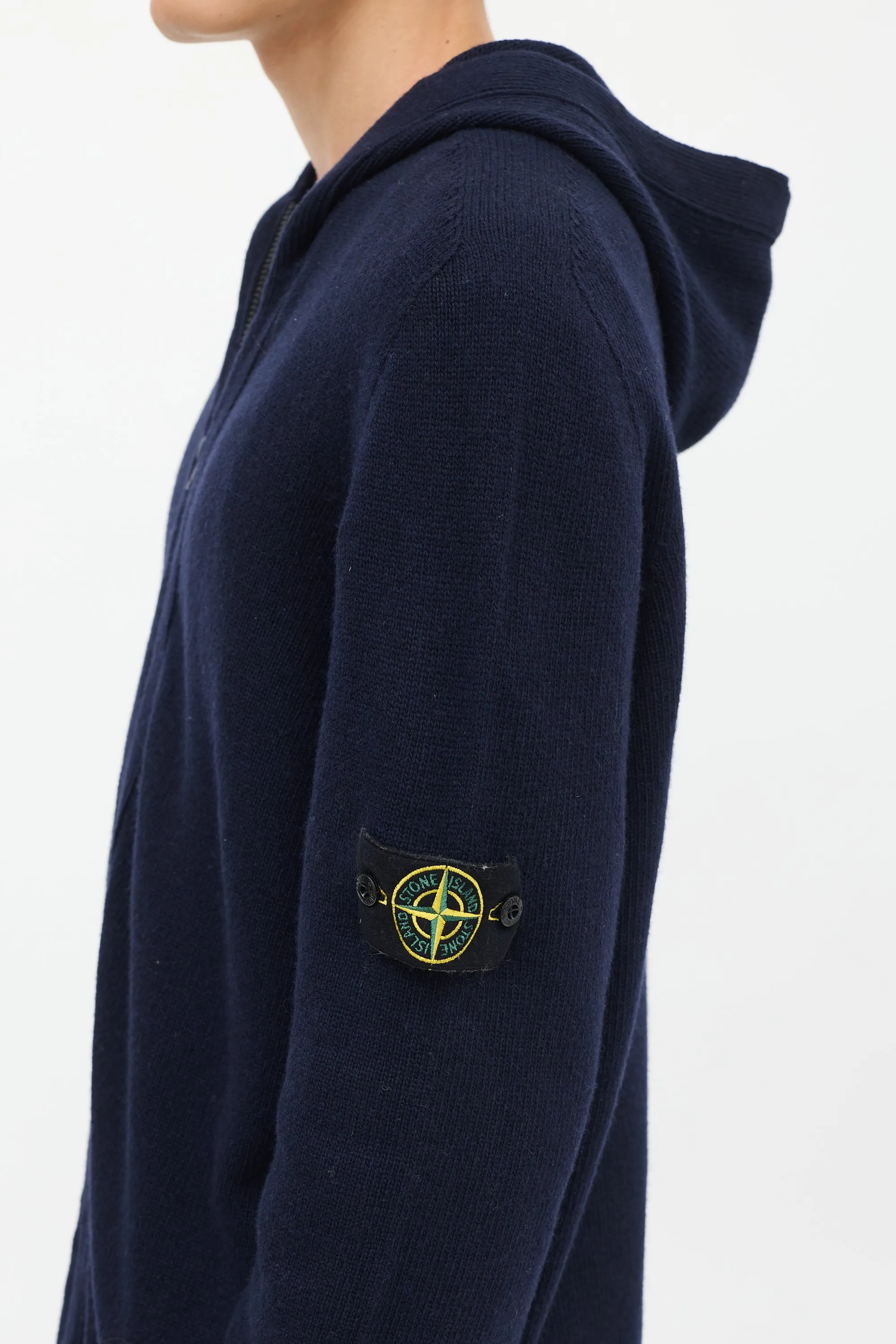Navy Wool Knit Zip Up Hoodie