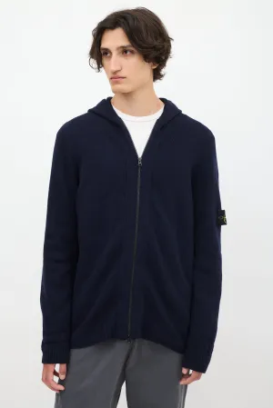 Navy Wool Knit Zip Up Hoodie