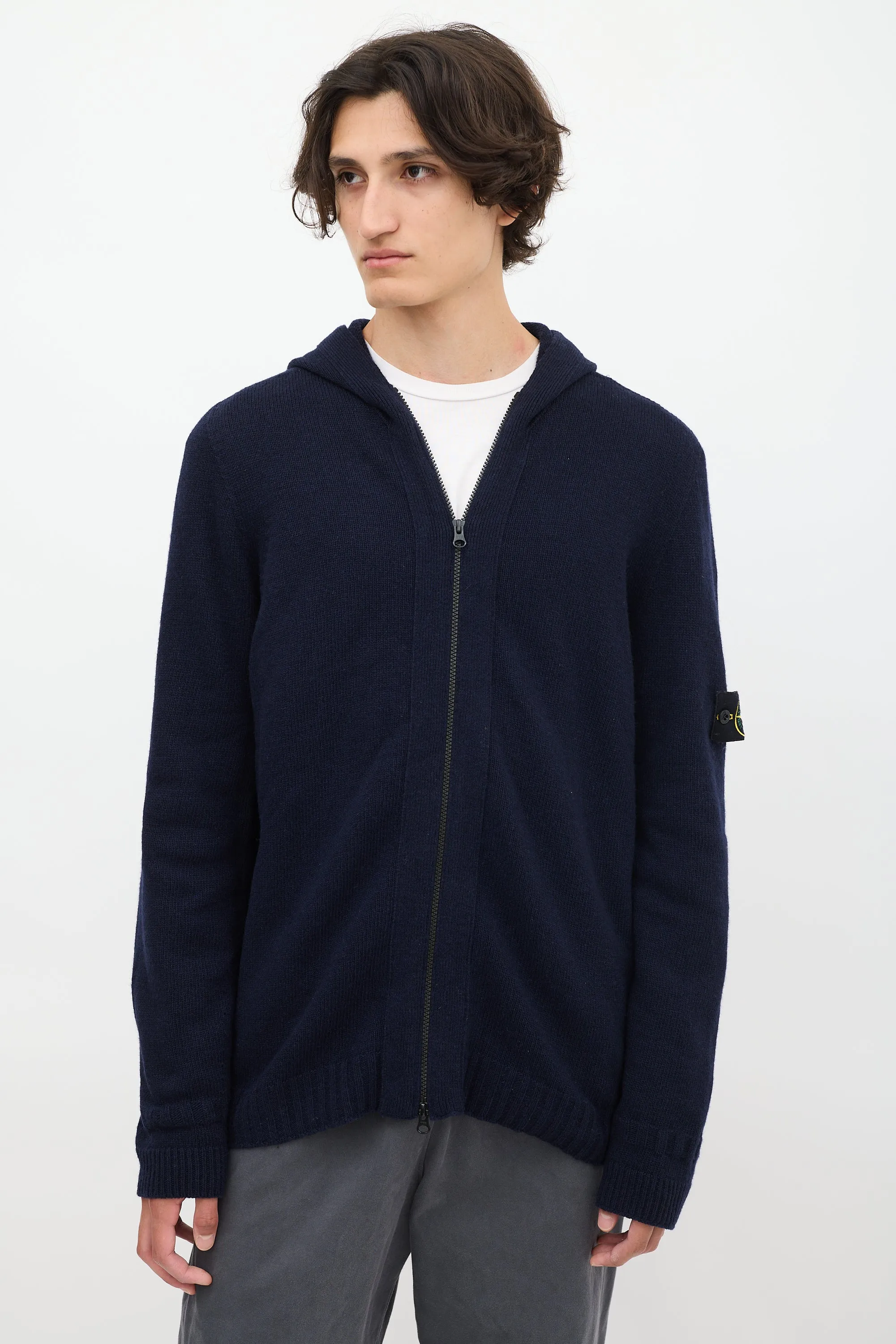 Navy Wool Knit Zip Up Hoodie