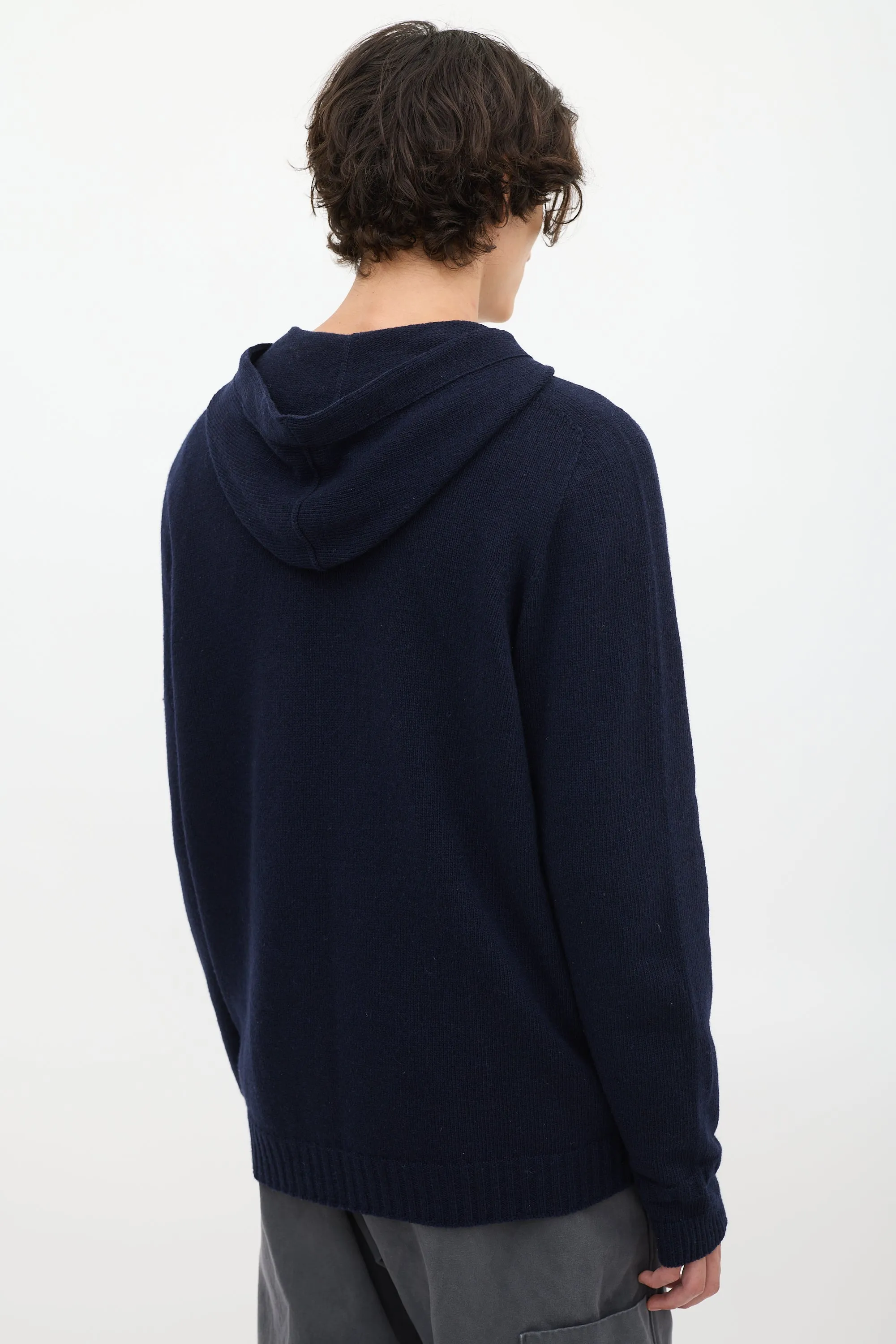 Navy Wool Knit Zip Up Hoodie