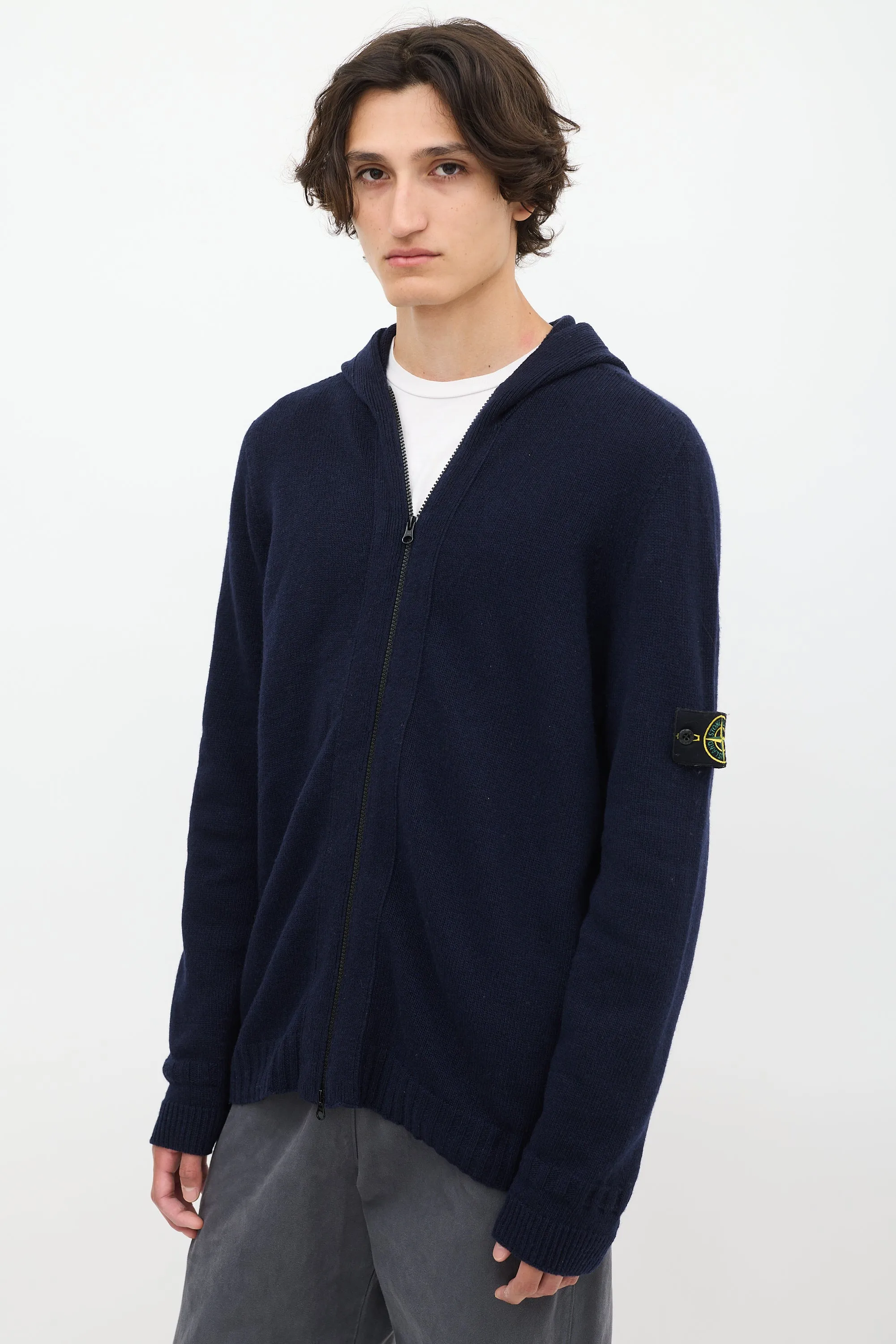 Navy Wool Knit Zip Up Hoodie