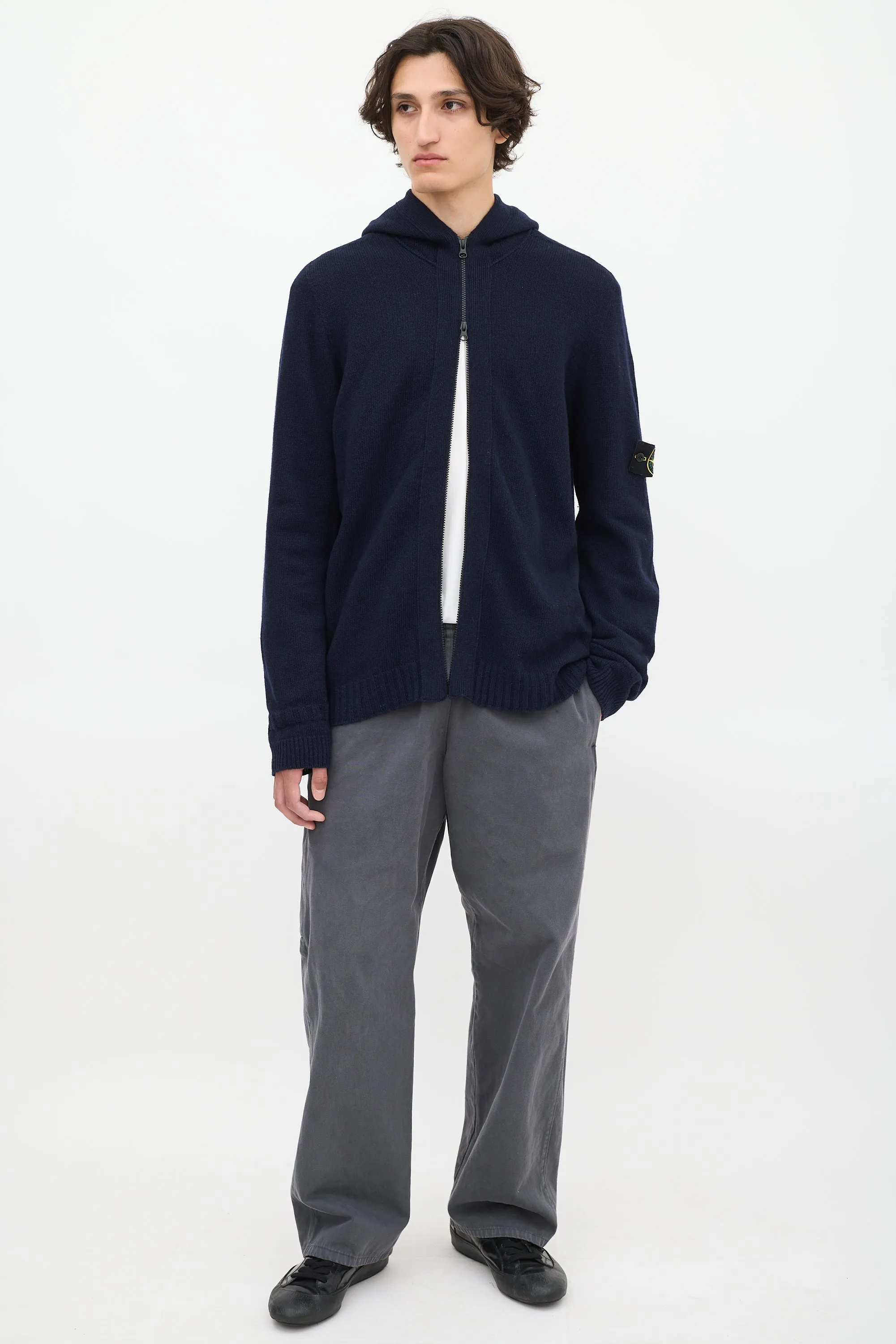 Navy Wool Knit Zip Up Hoodie