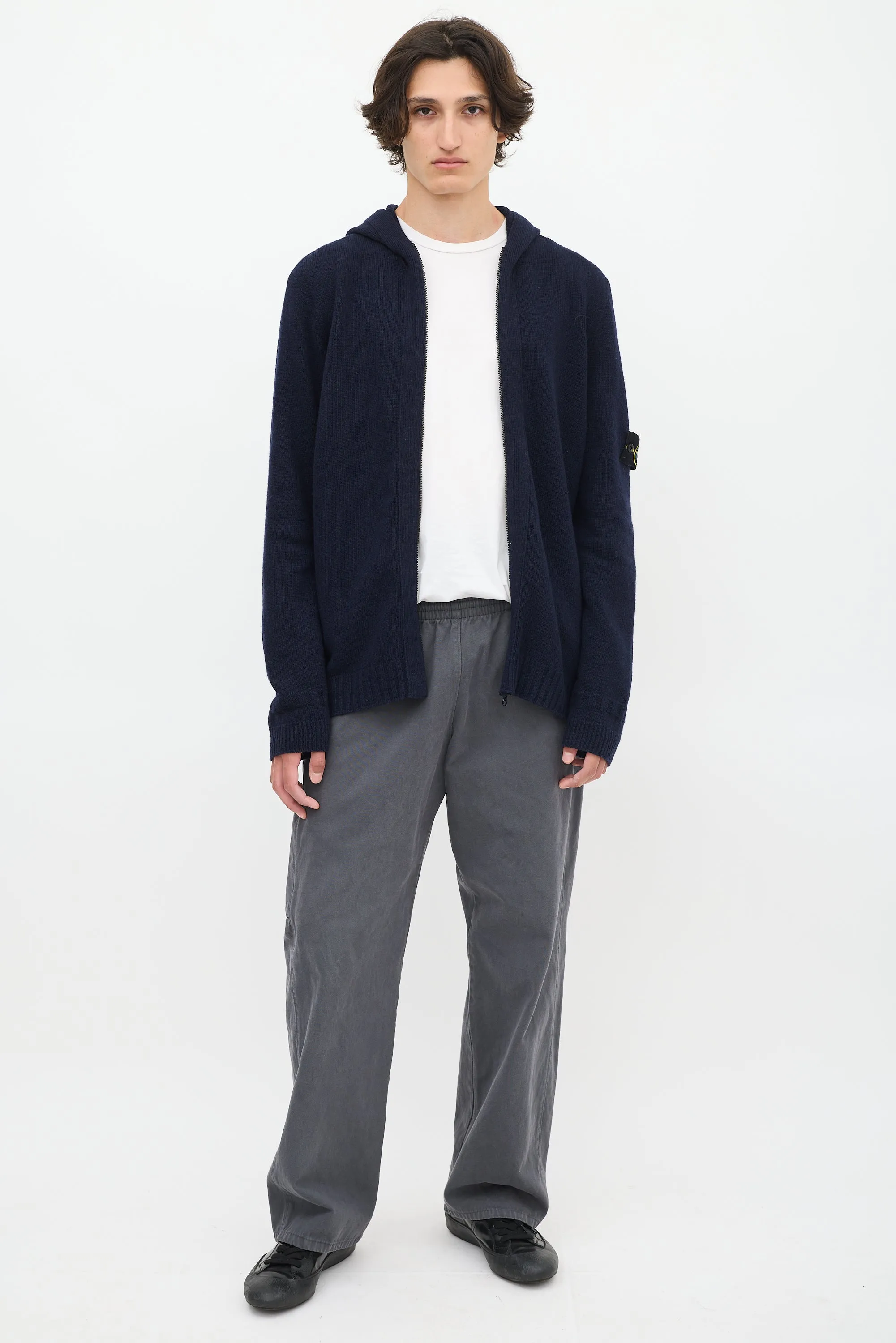 Navy Wool Knit Zip Up Hoodie