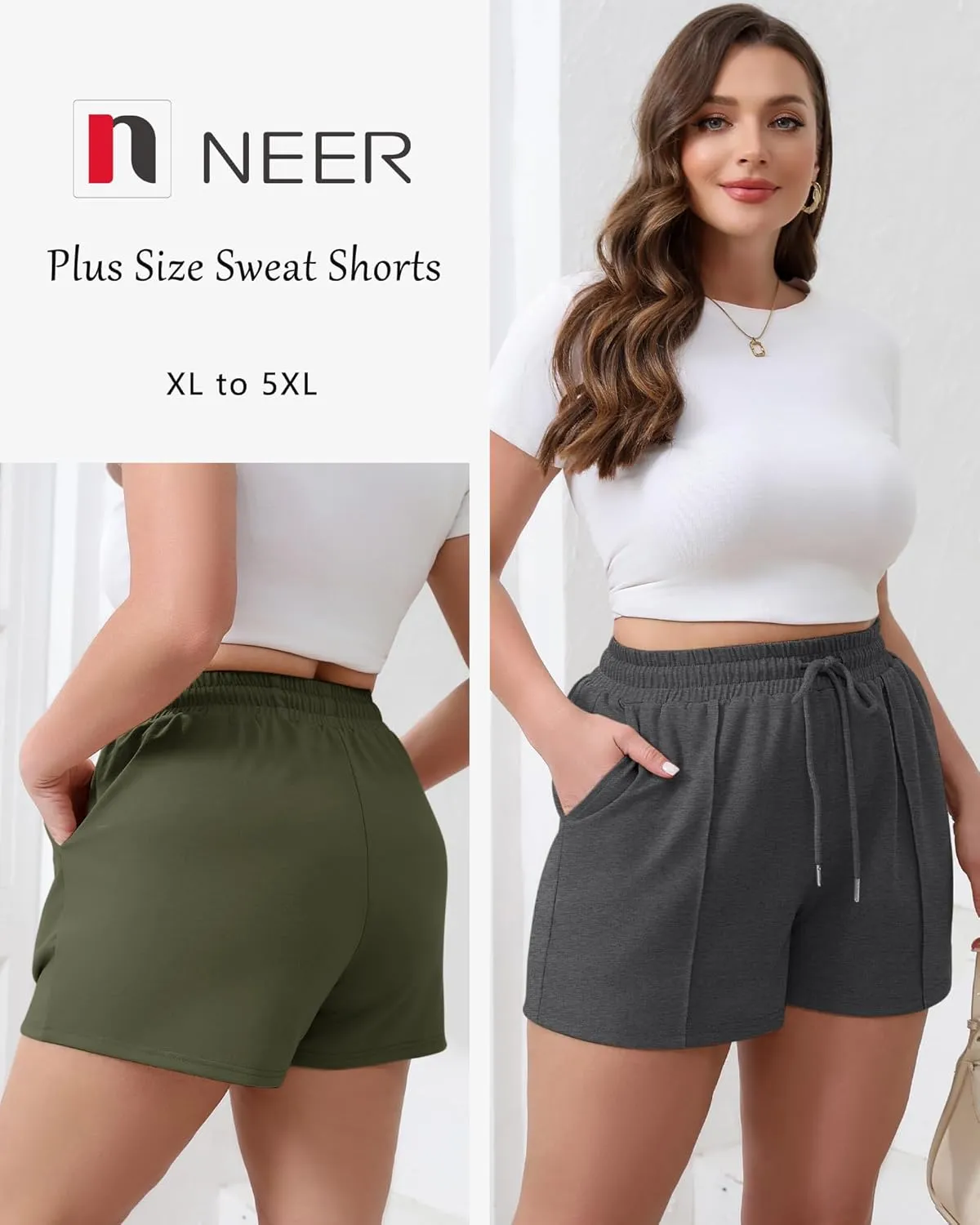 Neer 3 Pack Women's Plus Size Sweat Shorts, Drawstring Shorts with Pocket Summer Athletic Lounge Running Bottoms