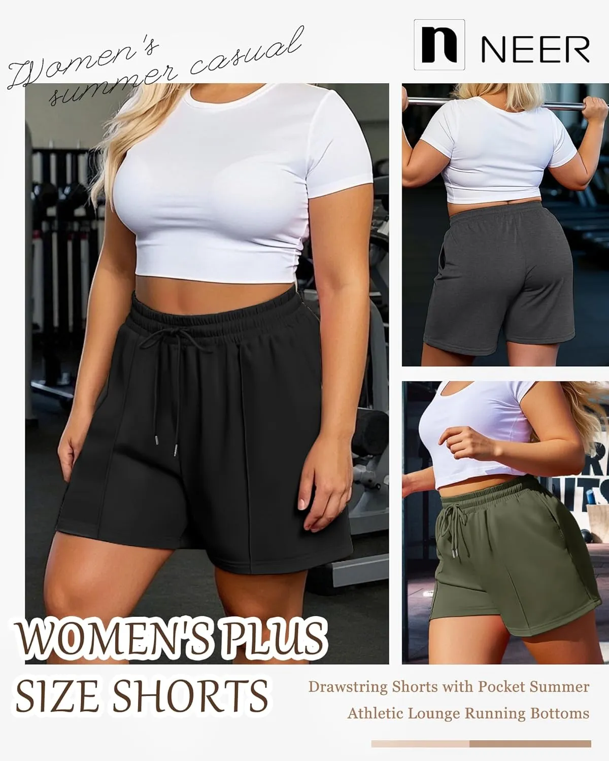 Neer 3 Pack Women's Plus Size Sweat Shorts, Drawstring Shorts with Pocket Summer Athletic Lounge Running Bottoms