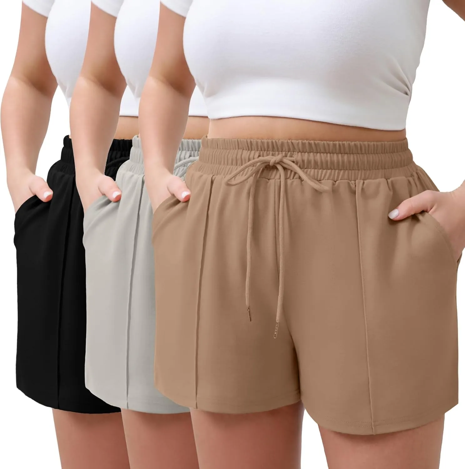 Neer 3 Pack Women's Plus Size Sweat Shorts, Drawstring Shorts with Pocket Summer Athletic Lounge Running Bottoms