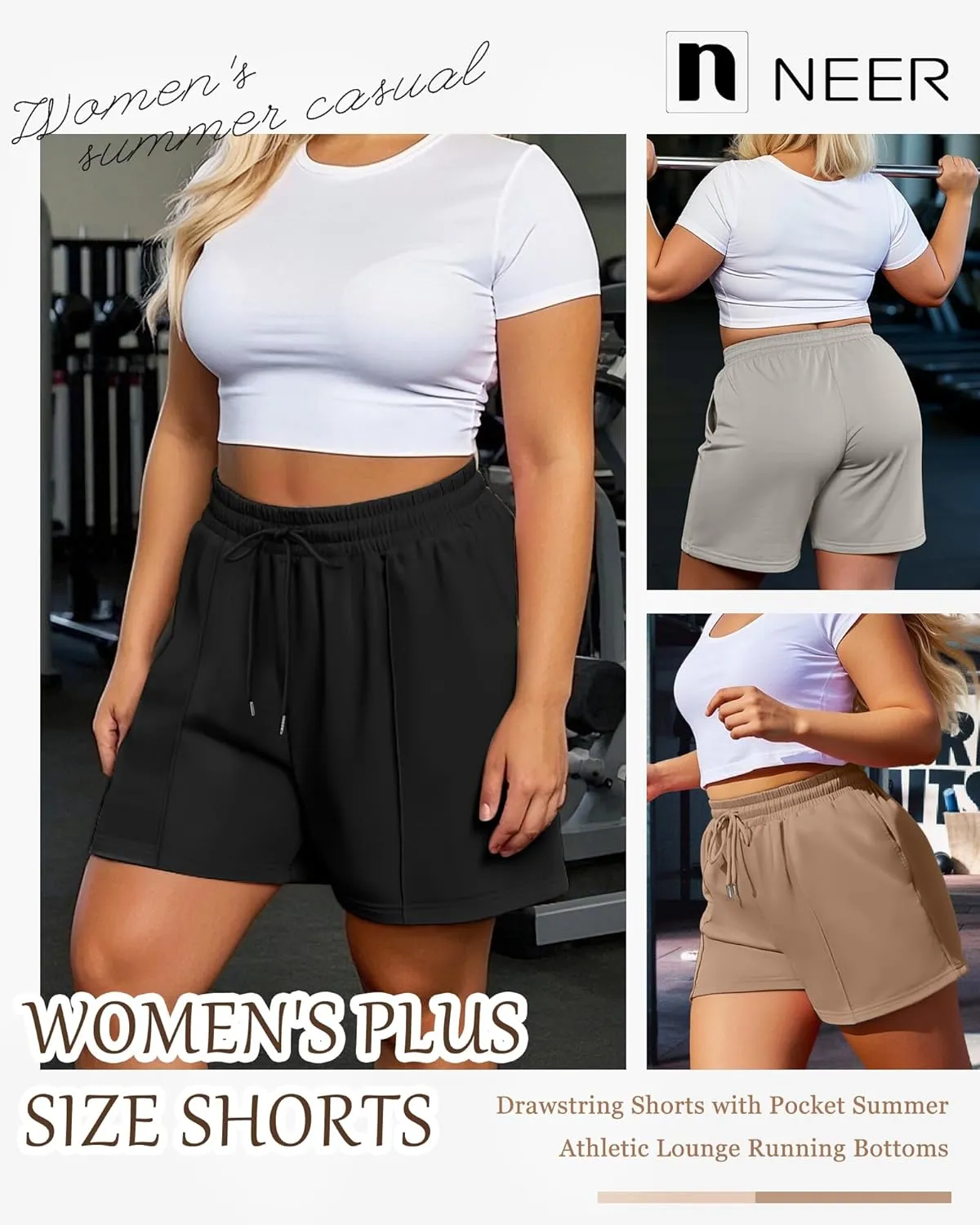 Neer 3 Pack Women's Plus Size Sweat Shorts, Drawstring Shorts with Pocket Summer Athletic Lounge Running Bottoms