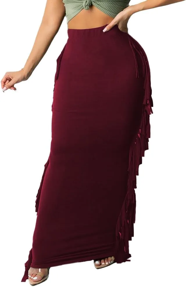Nimsruc Women's Elastic Waist Slim Sexy Bodycon Skirts Party Club Night Out Long Pencil Maxi Skirt with Side Tassels