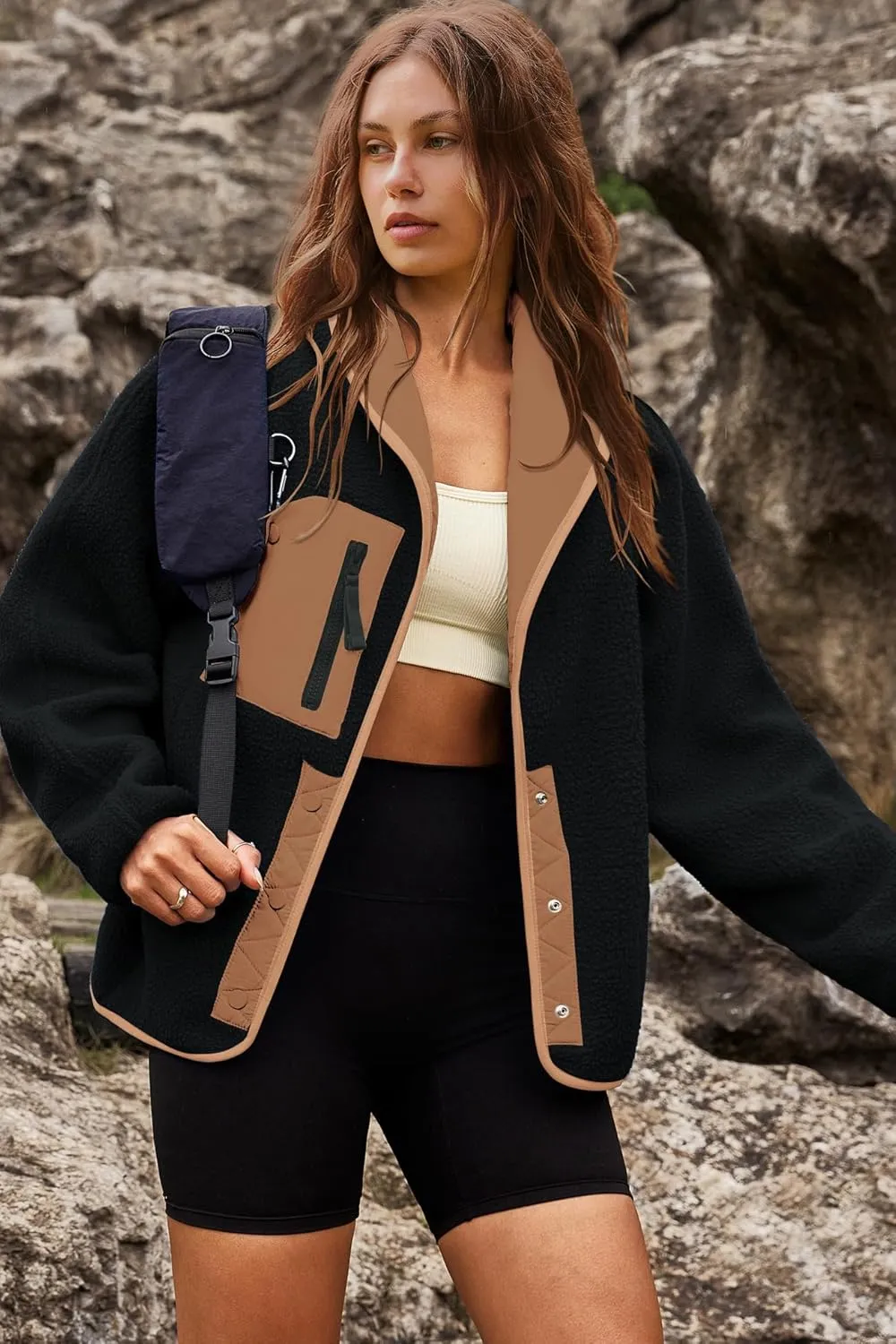Nirovien Womens Fuzzy Fleece Jacket Colorblock Sherpa Coats Shawl Collar Button Down Warm Outwear with Pockets