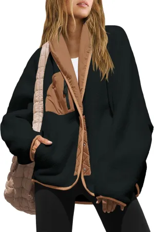 Nirovien Womens Fuzzy Fleece Jacket Colorblock Sherpa Coats Shawl Collar Button Down Warm Outwear with Pockets