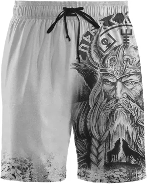 Norse Mythology Men's Shorts with Pockets, 3D Print Viking Tattoo Pants, Beach Vacation Quick Dry Gym Sport Shorts