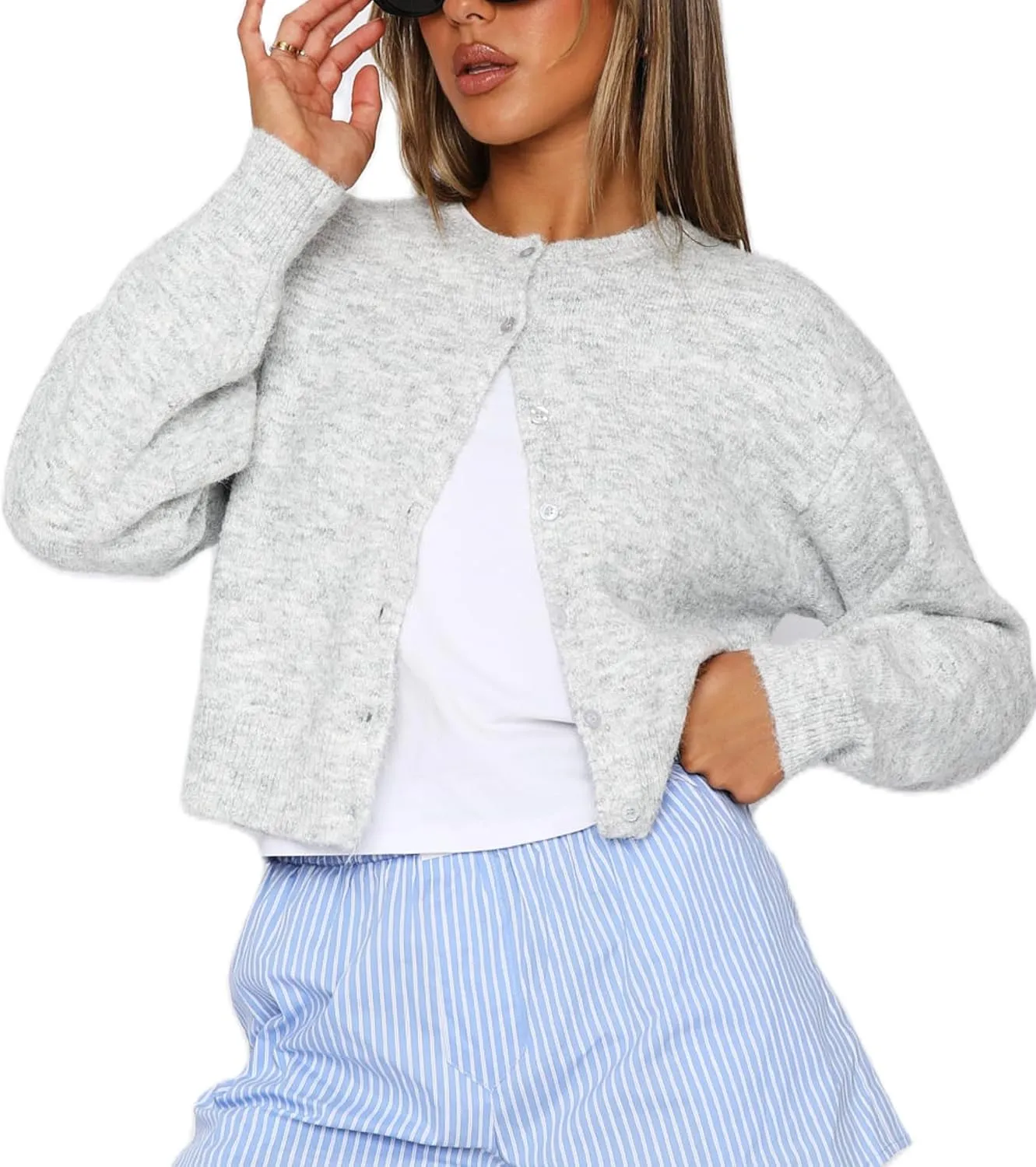 NUFIWI Women Y2k Knit Crop Cardigan Button Down Open Front Lightweight Shrug Sweater Long Sleeve Knitted Cropped Outwear
