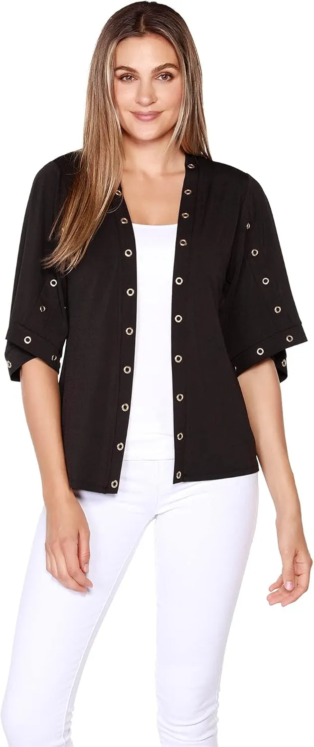 Open Front Kimono Cardigan Grommet 3/4 Sleeve Knit Cardigan for Women