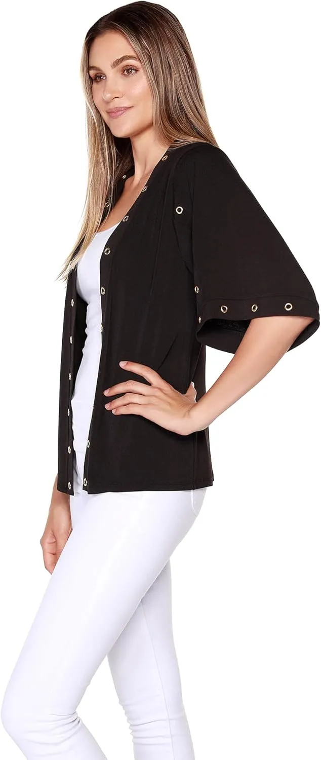 Open Front Kimono Cardigan Grommet 3/4 Sleeve Knit Cardigan for Women