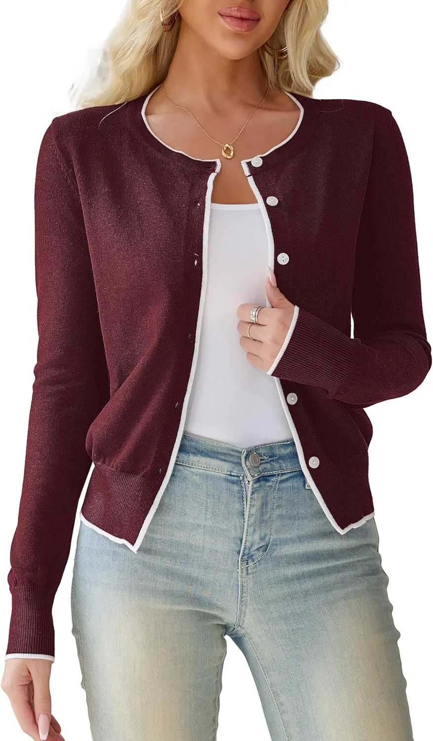 Othyroce Women's Cropped Cardigan Long Sleeve Button Down Contrast Color Shrug Sweaters Jacket for Dresses