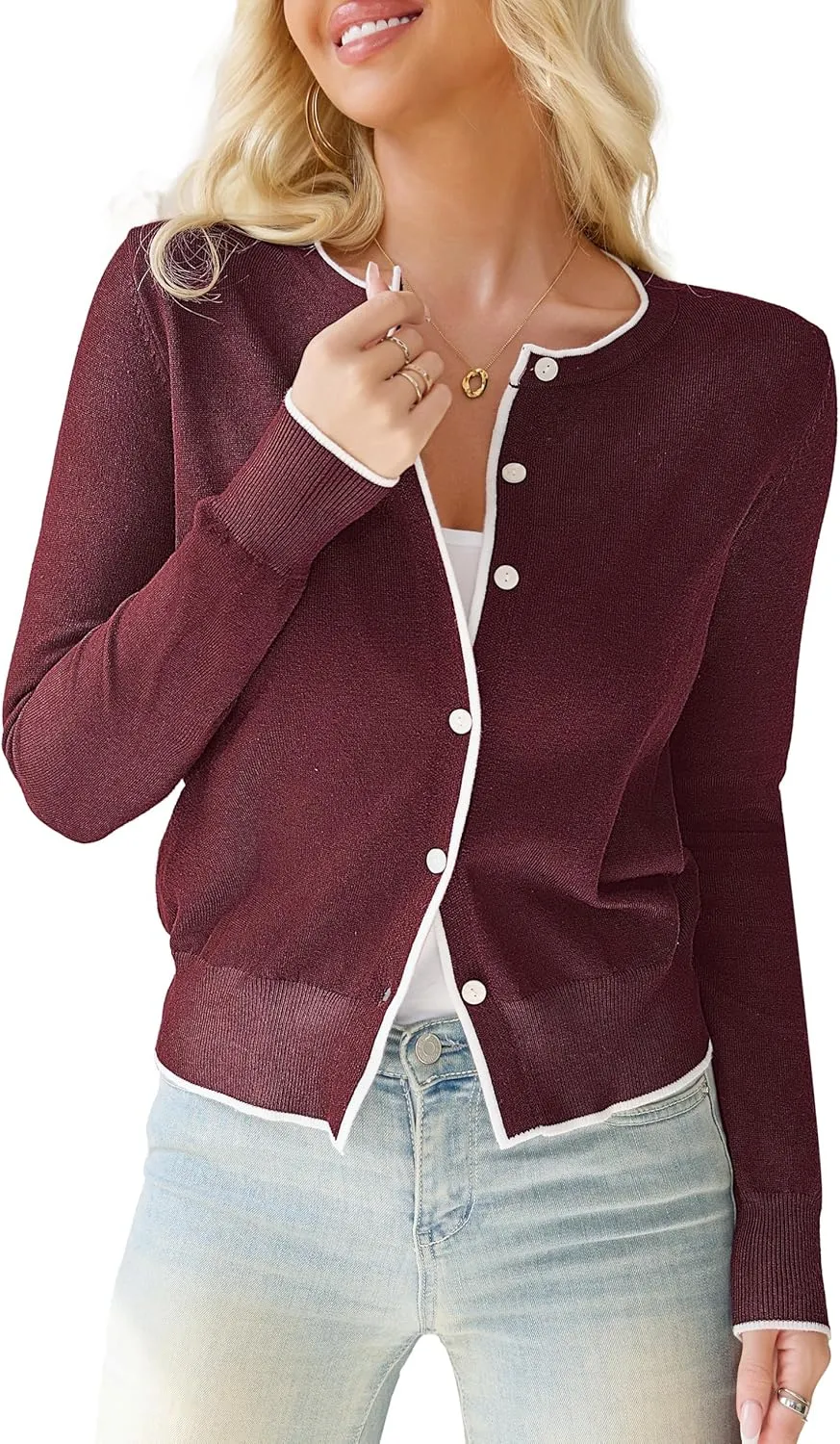 Othyroce Women's Cropped Cardigan Long Sleeve Button Down Contrast Color Shrug Sweaters Jacket for Dresses