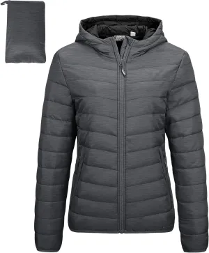 Outdoor Ventures Women's Packable Lightweight Full-Zip Puffer Jacket with Hood Quilted Winter Coat