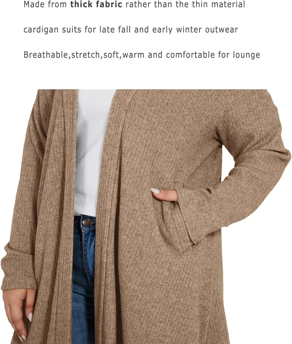 OVERWORETY Long Sleeve Open Front Cardigan Sweaters for Women Plus Size Tunic Tops with Pockets