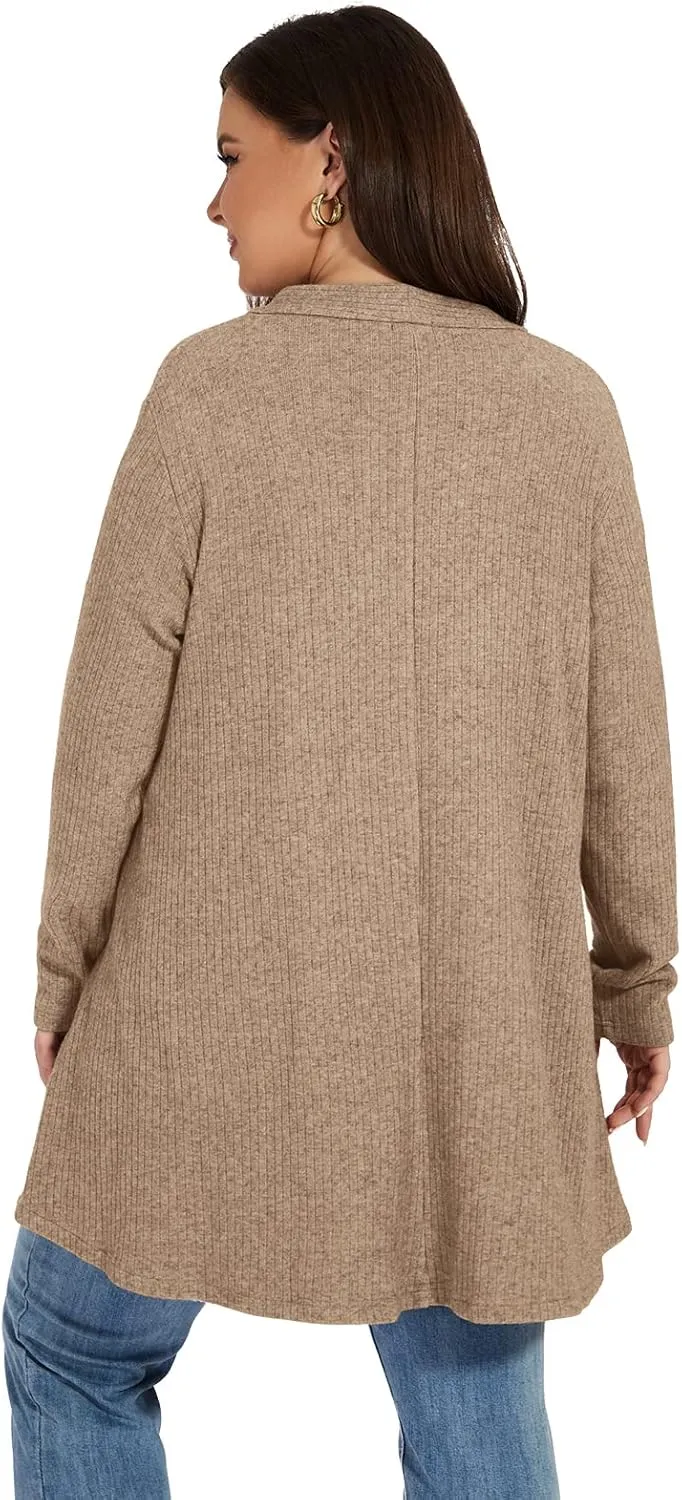 OVERWORETY Long Sleeve Open Front Cardigan Sweaters for Women Plus Size Tunic Tops with Pockets