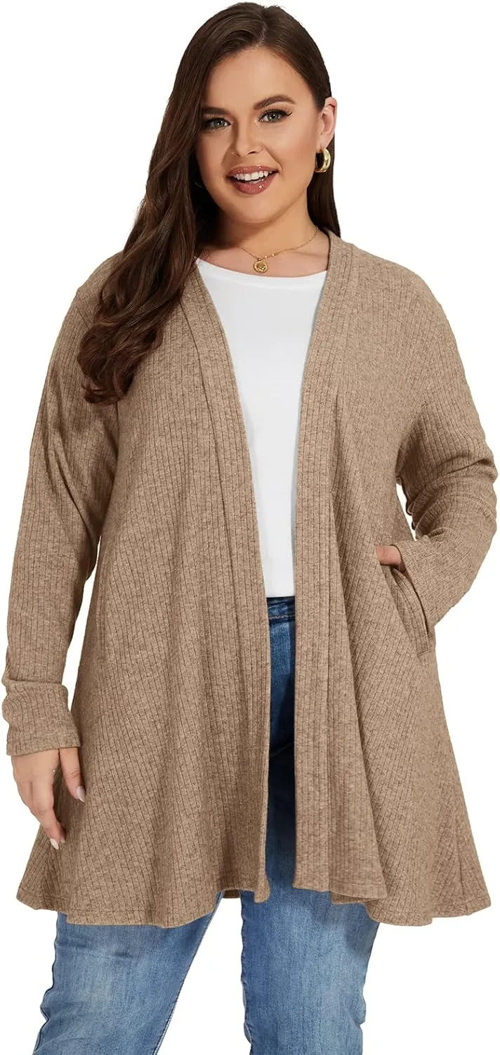 OVERWORETY Long Sleeve Open Front Cardigan Sweaters for Women Plus Size Tunic Tops with Pockets
