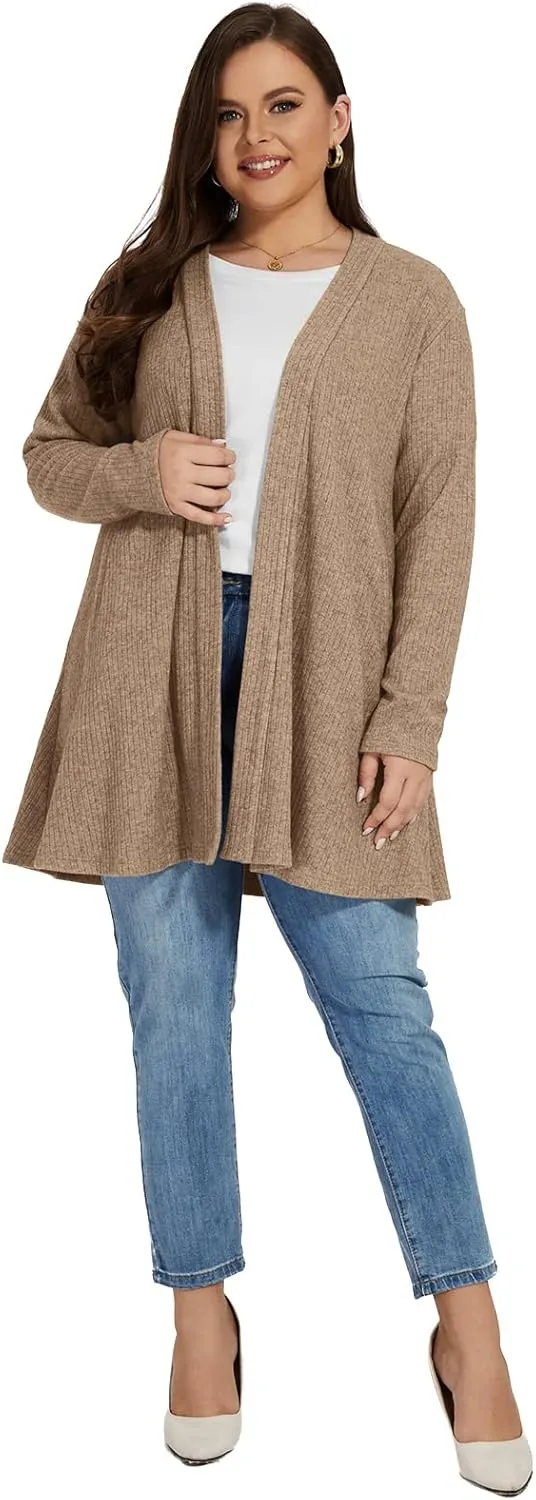 OVERWORETY Long Sleeve Open Front Cardigan Sweaters for Women Plus Size Tunic Tops with Pockets