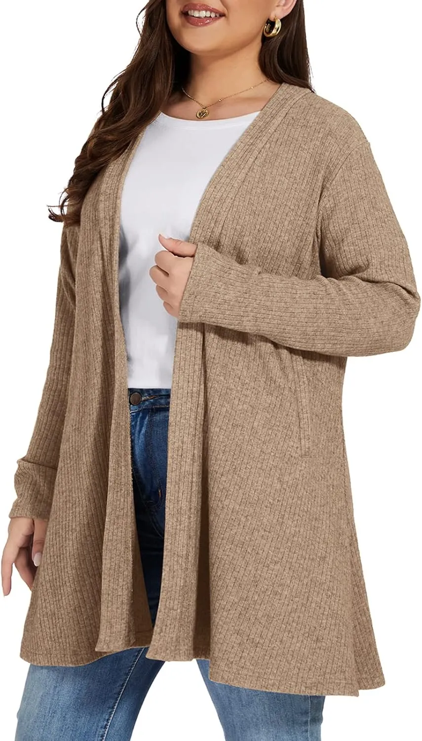 OVERWORETY Long Sleeve Open Front Cardigan Sweaters for Women Plus Size Tunic Tops with Pockets