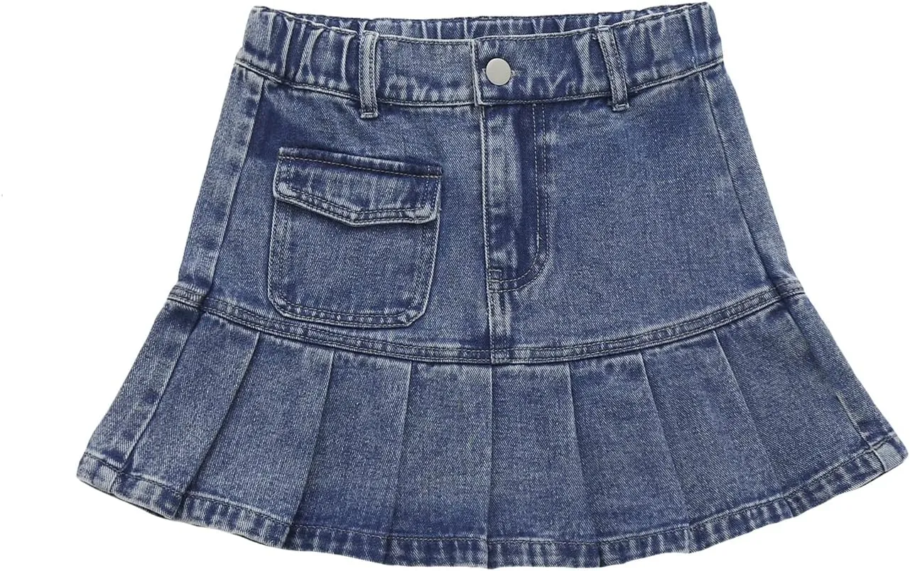 OYOANGLE Girl's High Waisted Ruffle Pleated Hem Zipper Fly Mini Denim Skirt with Pocket