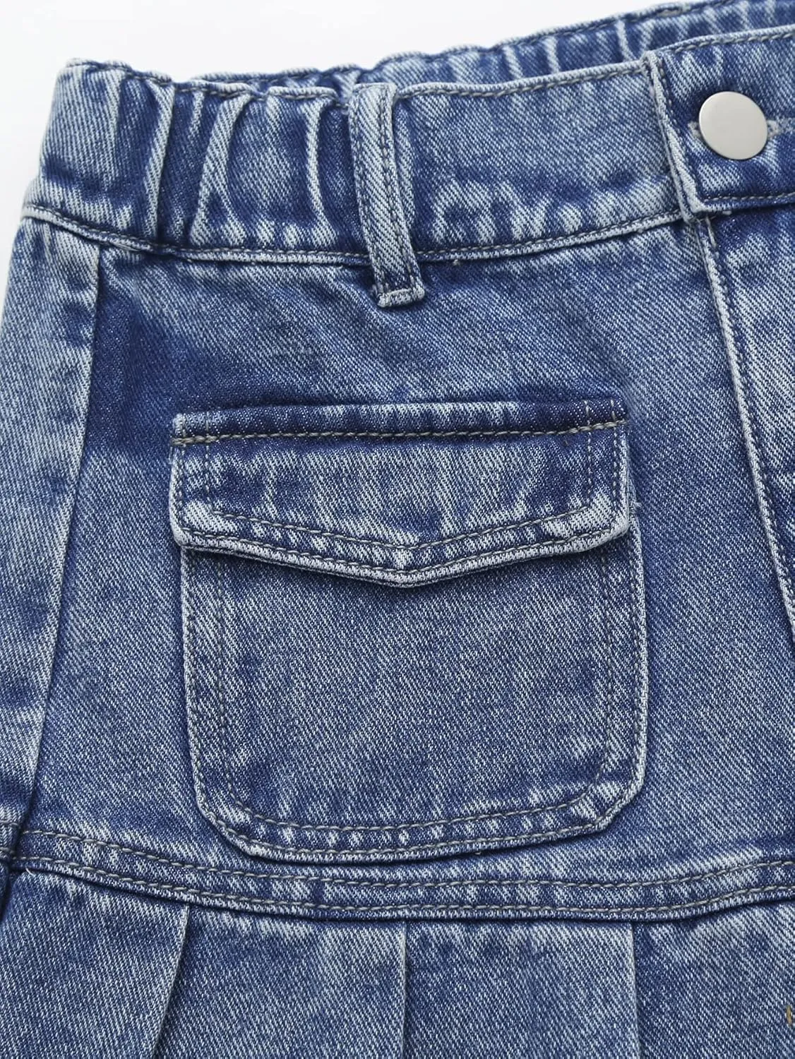 OYOANGLE Girl's High Waisted Ruffle Pleated Hem Zipper Fly Mini Denim Skirt with Pocket