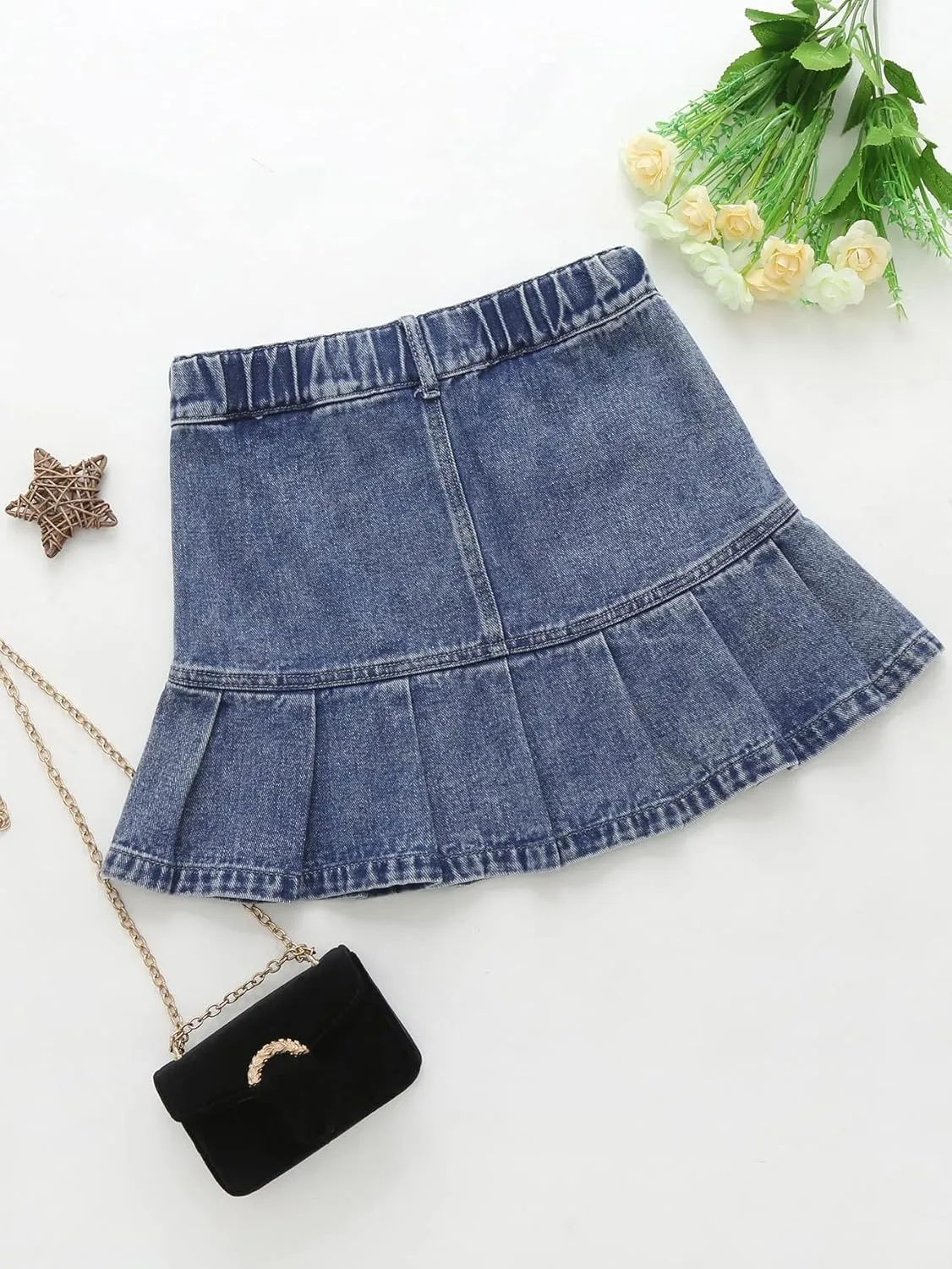 OYOANGLE Girl's High Waisted Ruffle Pleated Hem Zipper Fly Mini Denim Skirt with Pocket