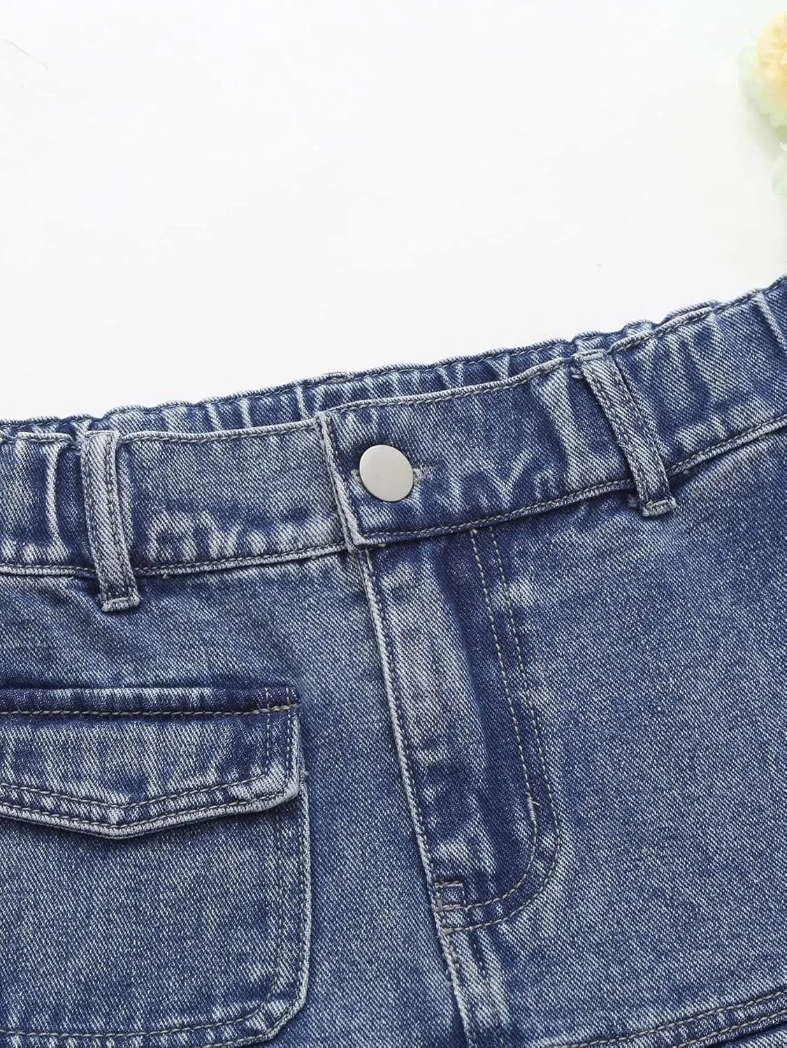 OYOANGLE Girl's High Waisted Ruffle Pleated Hem Zipper Fly Mini Denim Skirt with Pocket
