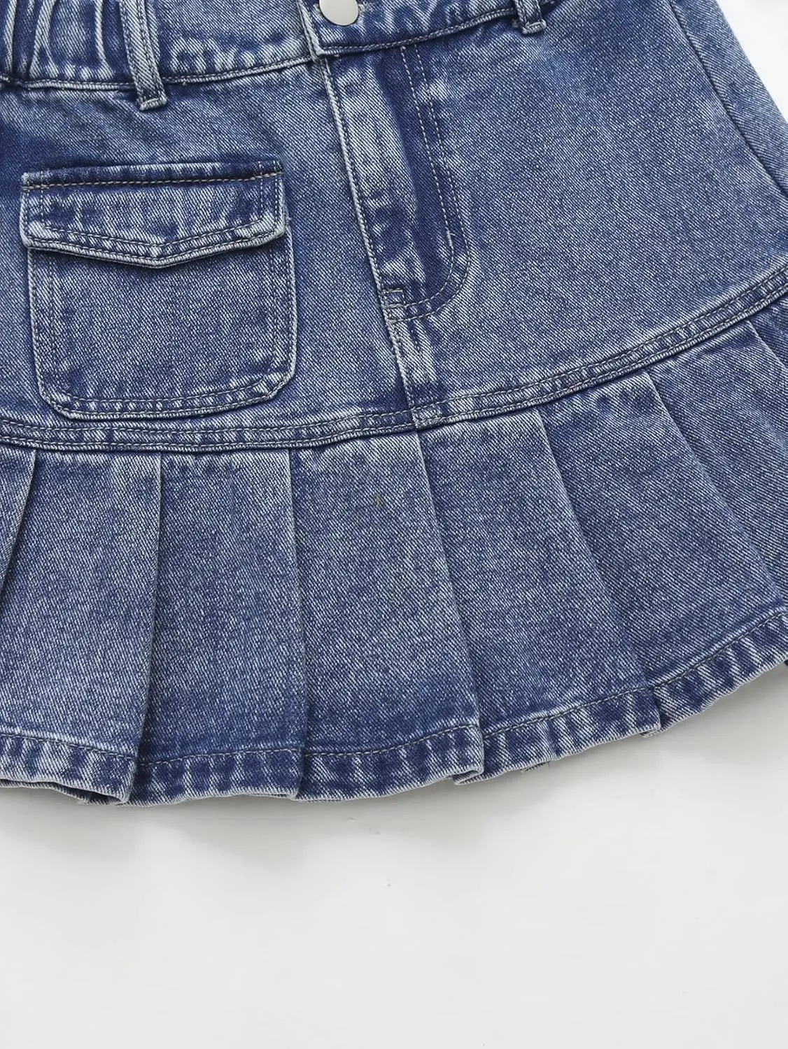 OYOANGLE Girl's High Waisted Ruffle Pleated Hem Zipper Fly Mini Denim Skirt with Pocket