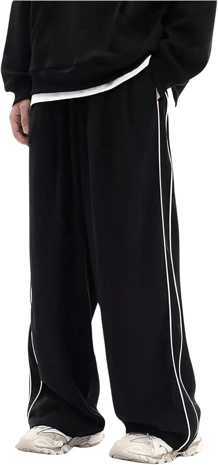 OYOANGLE Men's Casual Cargo Sweatpants Striped Side Loose Fit Wide Leg Pants Streetwear Trousers with Pockets