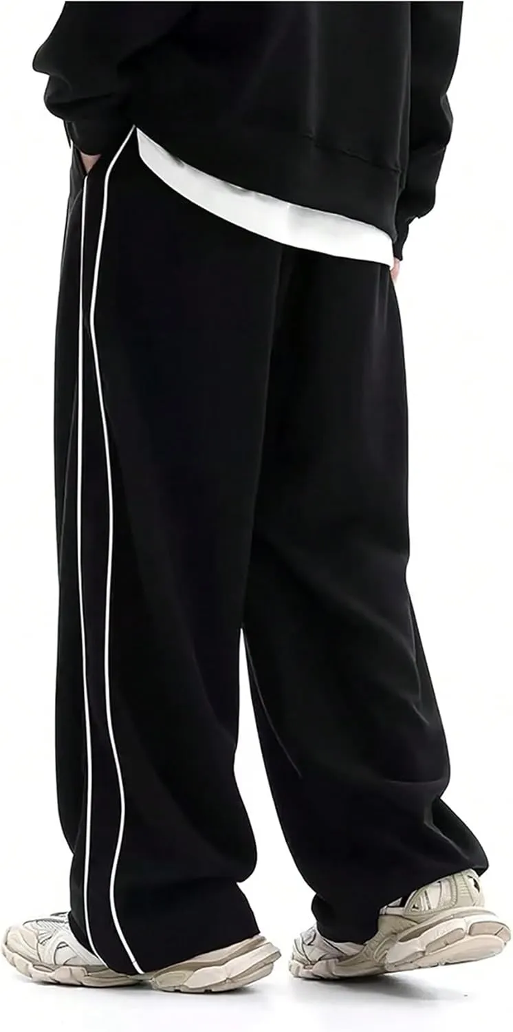 OYOANGLE Men's Casual Cargo Sweatpants Striped Side Loose Fit Wide Leg Pants Streetwear Trousers with Pockets