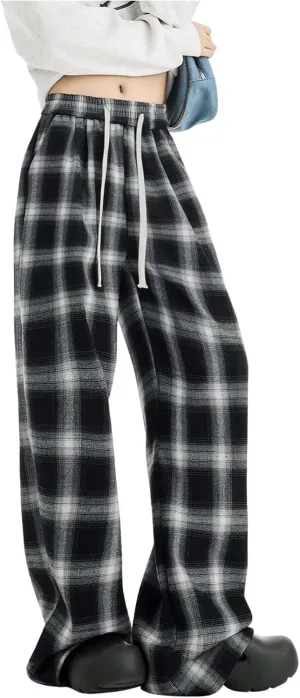 OYOANGLE Women's Plaid Print Pants Drawstring Elastic Waisted Wide Leg Casual Pants