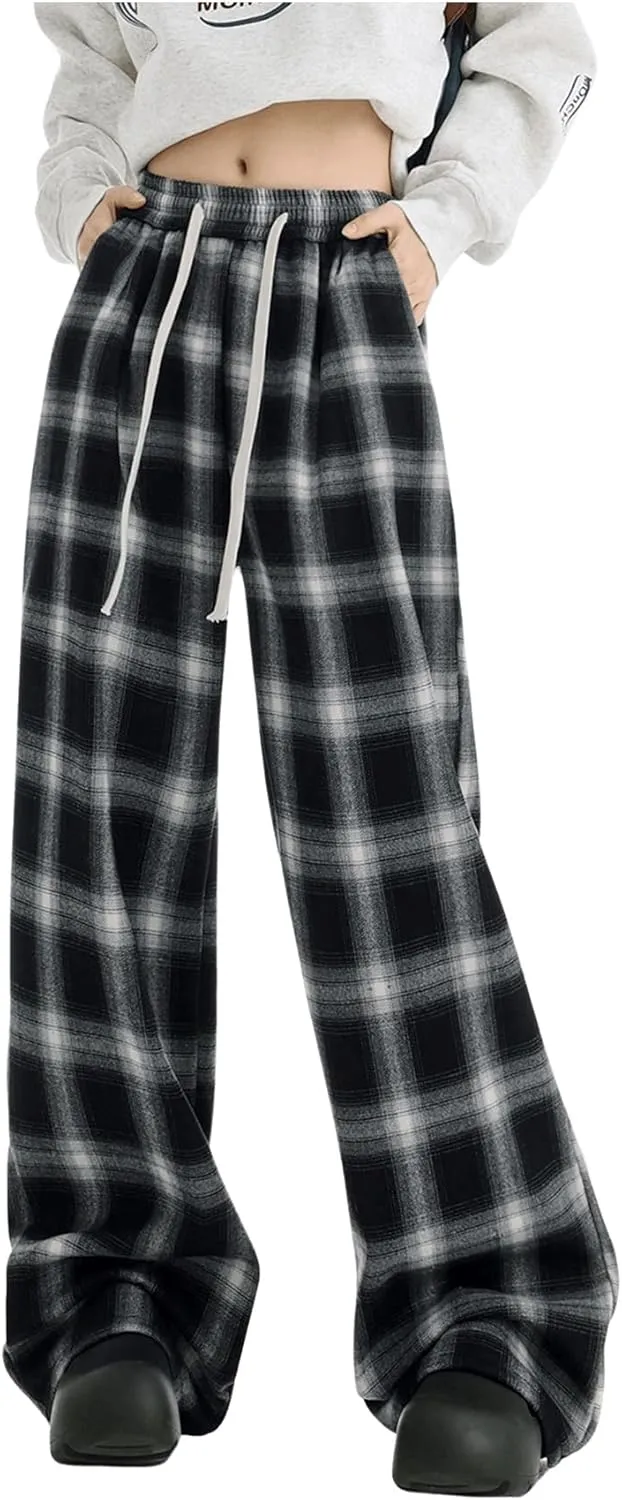 OYOANGLE Women's Plaid Print Pants Drawstring Elastic Waisted Wide Leg Casual Pants