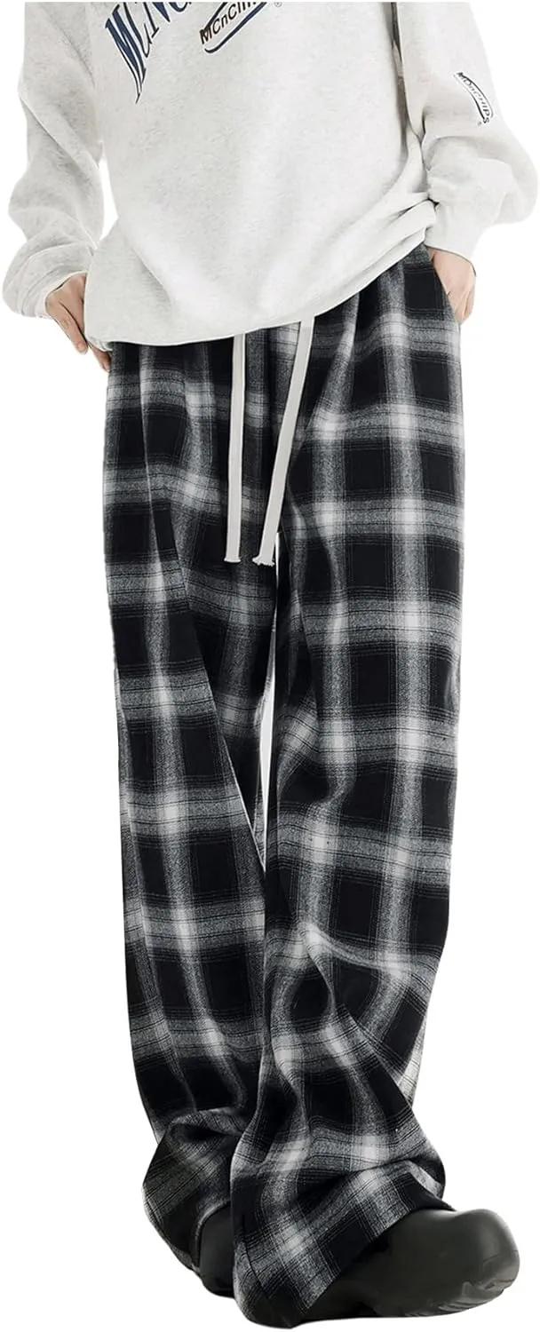 OYOANGLE Women's Plaid Print Pants Drawstring Elastic Waisted Wide Leg Casual Pants