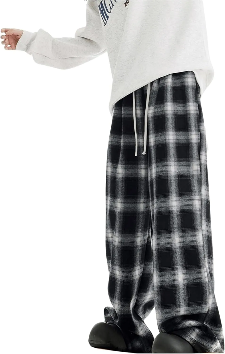 OYOANGLE Women's Plaid Print Pants Drawstring Elastic Waisted Wide Leg Casual Pants