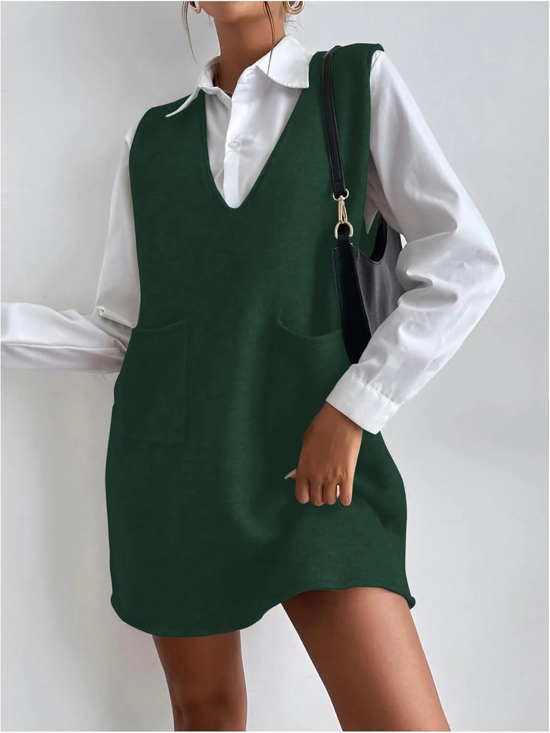 OYOANGLE Women's V Neck Sleeveless Knitted Solid Short Sweater Dress with Pockets