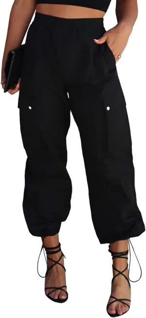 Parachute Pants for Women, Elastic High Waist Y2k Cargo Pants Women Baggy with 4 Pockets
