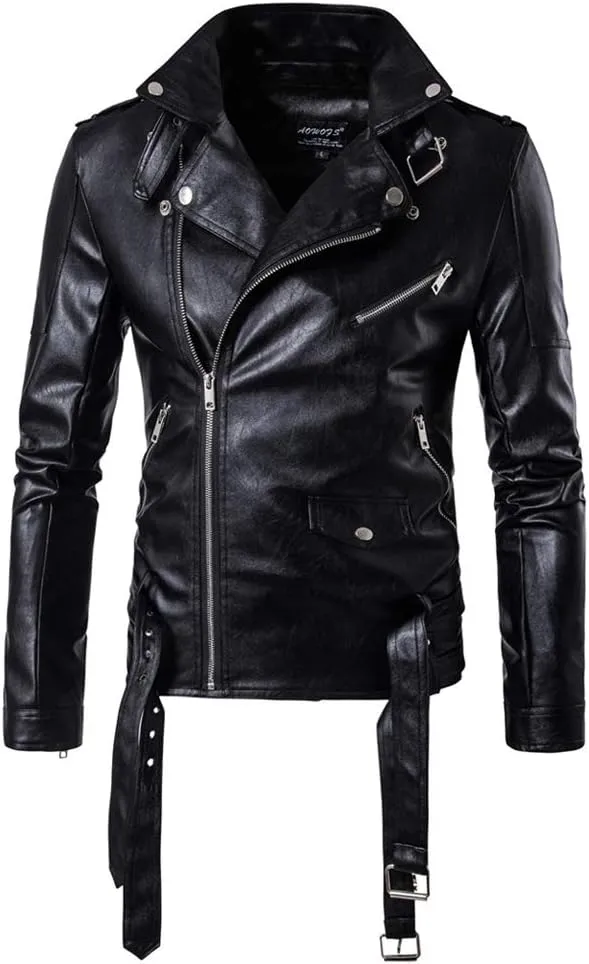 PASOK Men's PU Leather Jacket Causal Belted Faux Leather Motorcycle Jacket Zipper Biker Coat