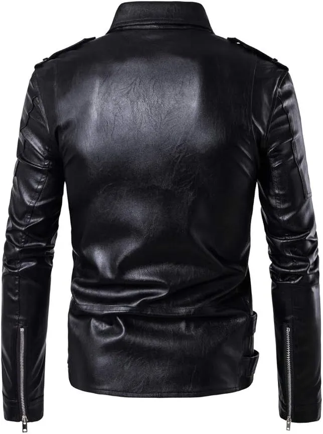 PASOK Men's PU Leather Jacket Causal Belted Faux Leather Motorcycle Jacket Zipper Biker Coat
